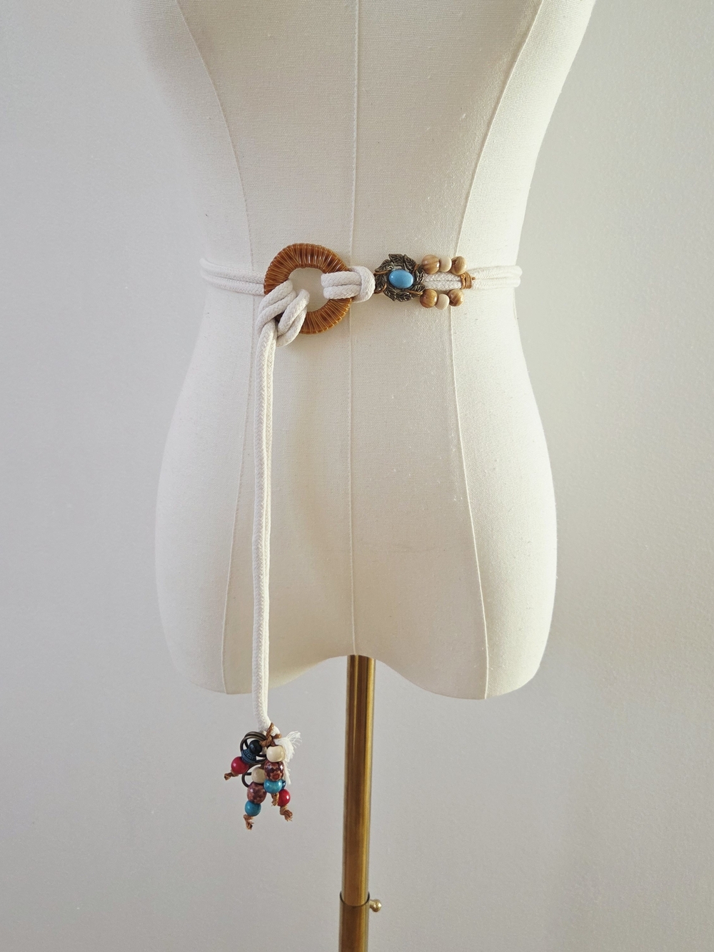 Boho Beige Rope Waist Belt with Beaded Turquoise Accent